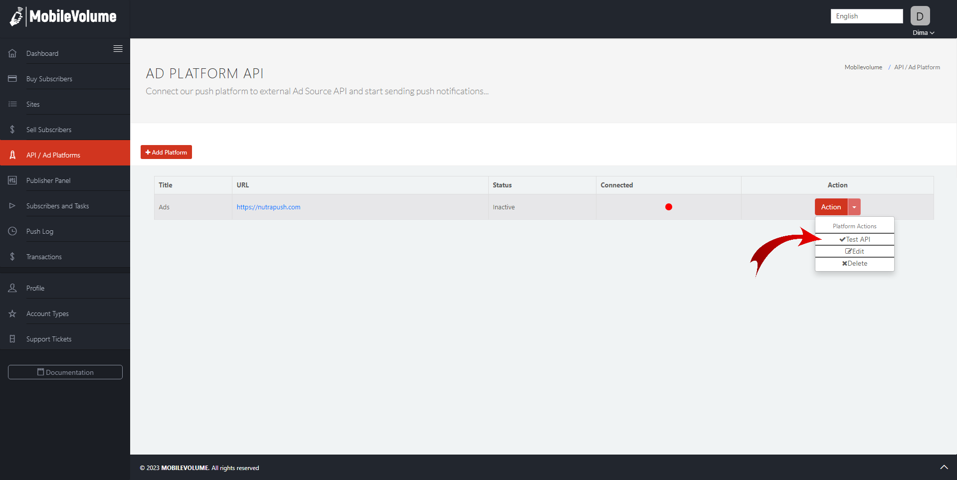 Bağlı API'lerin listesi sayfası https://mobilevolume.com